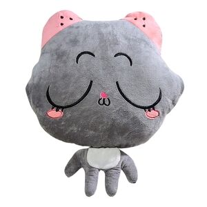 Plush Anime Cat Kitten Pillow & Blanket Hand Warmers Travel 18"x18" Gray Pink
